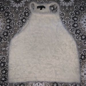 Fuzzy white halter crop top